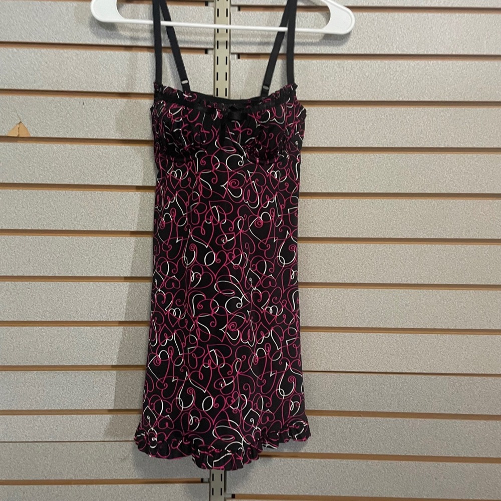 Black Pink White Valentines Hearts Babydoll Chemise Nightgown Ruffle Trim Small